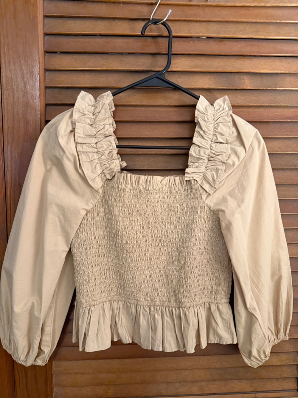 Ruffled Square-Neck Smocked Blouse in Beige - Picture 3 of 4